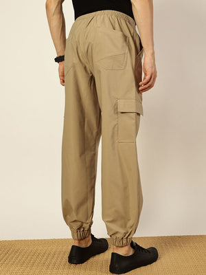 Beige Smart Loose Fit Mid-Rise Easy Wash Solid Woven Cargo Joggers For Men