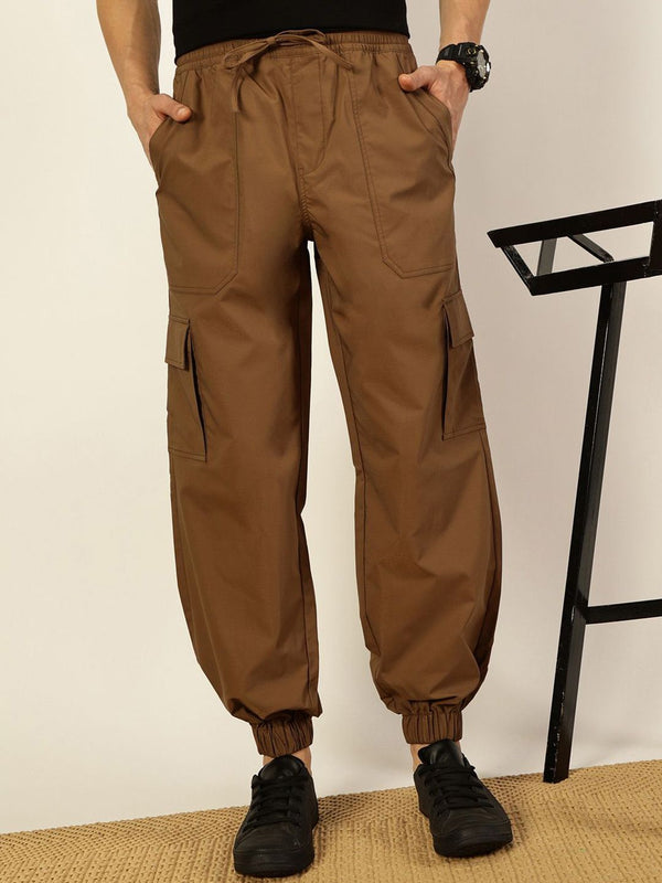 Brown Smart Loose Fit Mid-Rise Easy Wash Solid Woven Cargo Joggers For Men