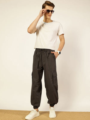 Dark Grey Smart Loose Fit Mid-Rise Easy Wash Solid Woven Cargo Joggers For Men