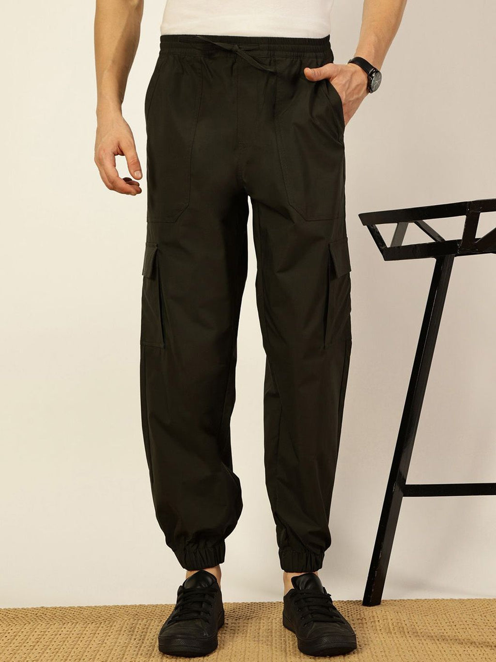 Olive Smart Loose Fit Mid-Rise Easy Wash Solid Woven Cargo Joggers For Men