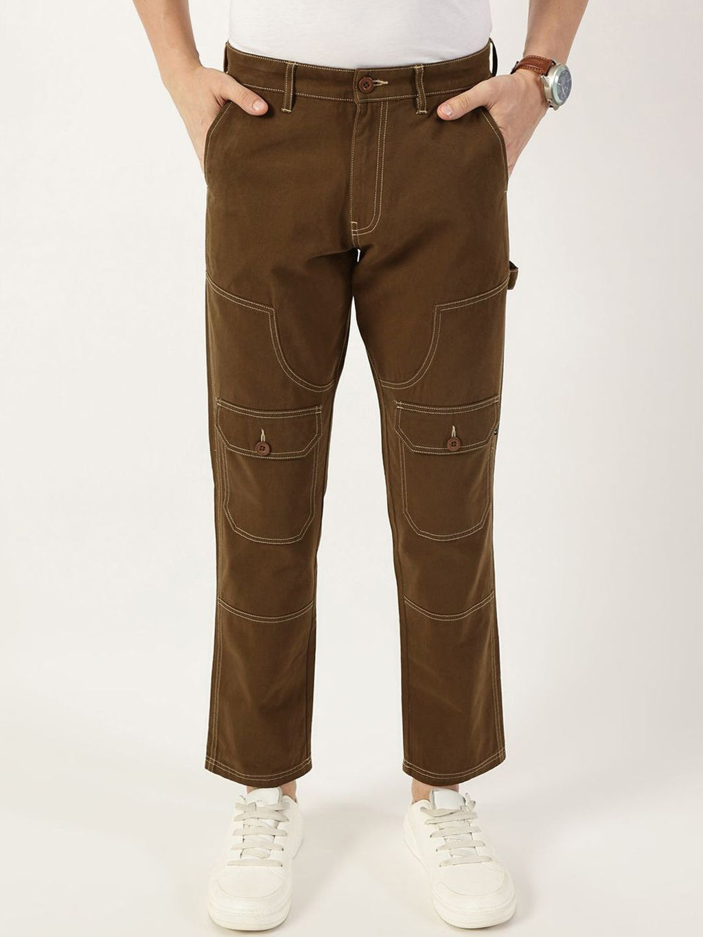 Brown Smart Regular Fit Mid-Rise Solid Cotton Woven Trouser for Men