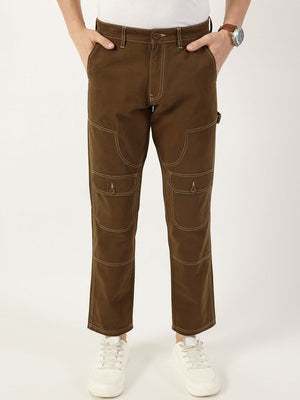 Brown Smart Regular Fit Mid-Rise Solid Cotton Woven Trouser for Men