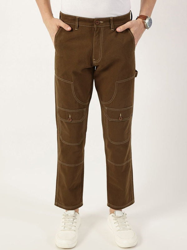 Brown Smart Regular Fit Mid-Rise Solid Cotton Woven Trouser for Men