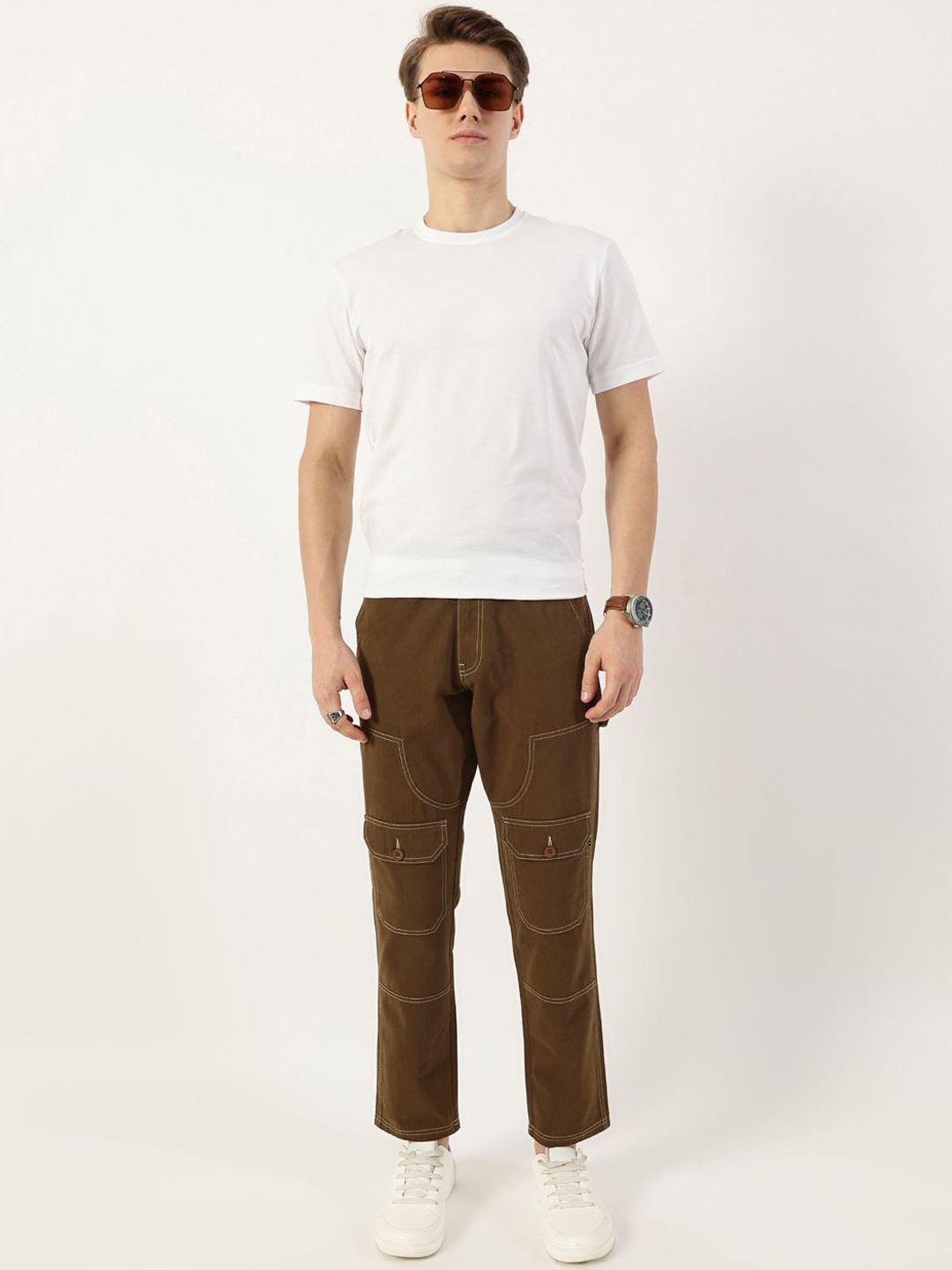 Brown Smart Regular Fit Mid-Rise Solid Cotton Woven Trouser for Men