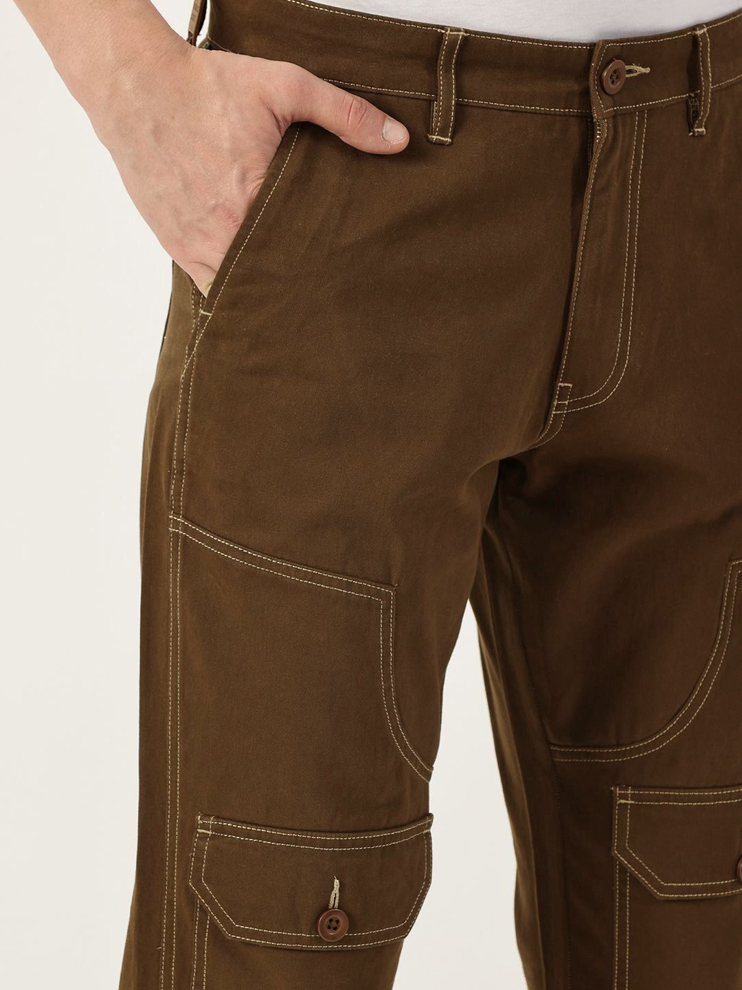 Brown Smart Regular Fit Mid-Rise Solid Cotton Woven Trouser for Men