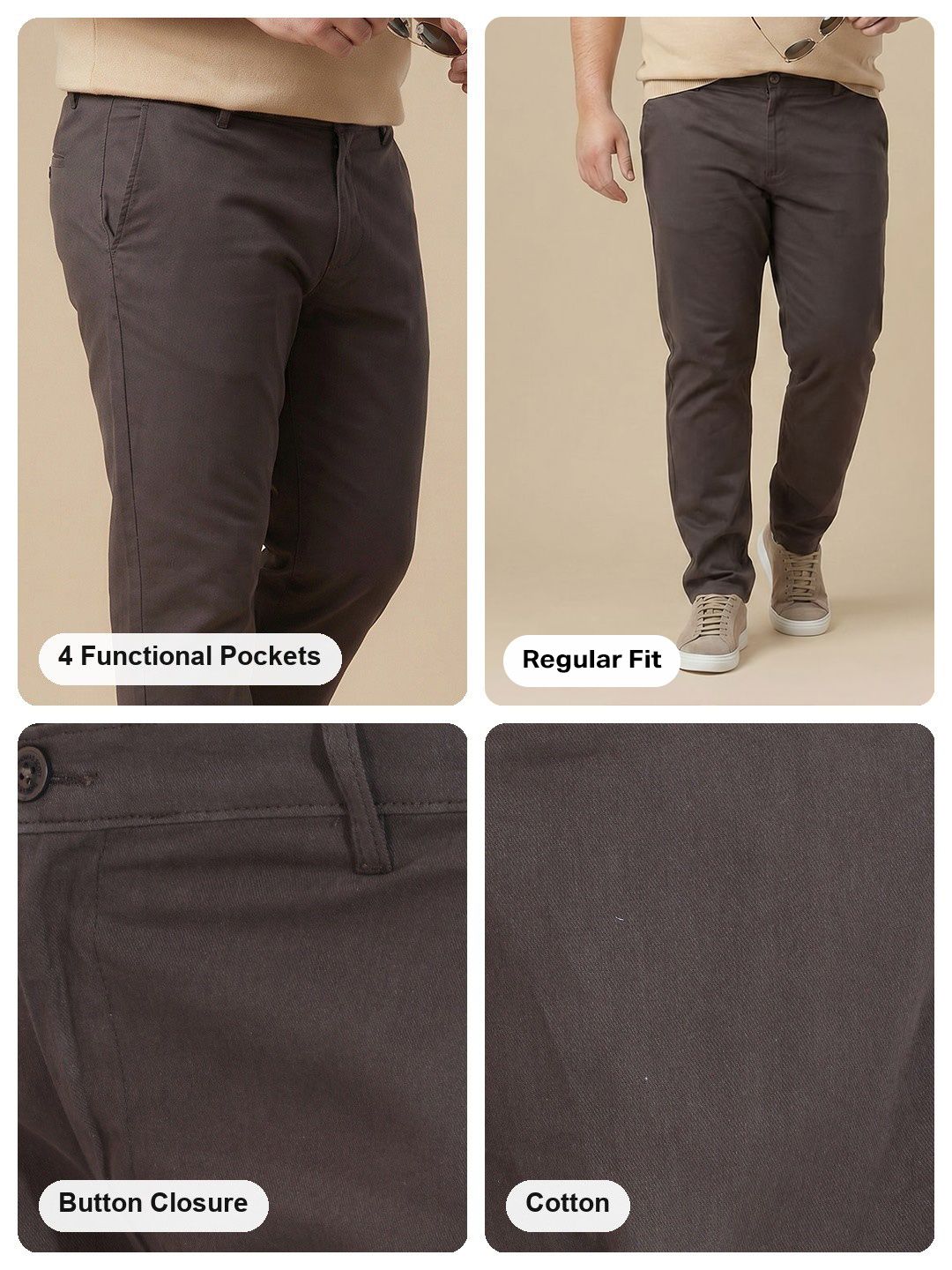 Charcoal Plus Size Regular Fit Mid-Rise Solid Cotton Woven Chinos Trouser For Men