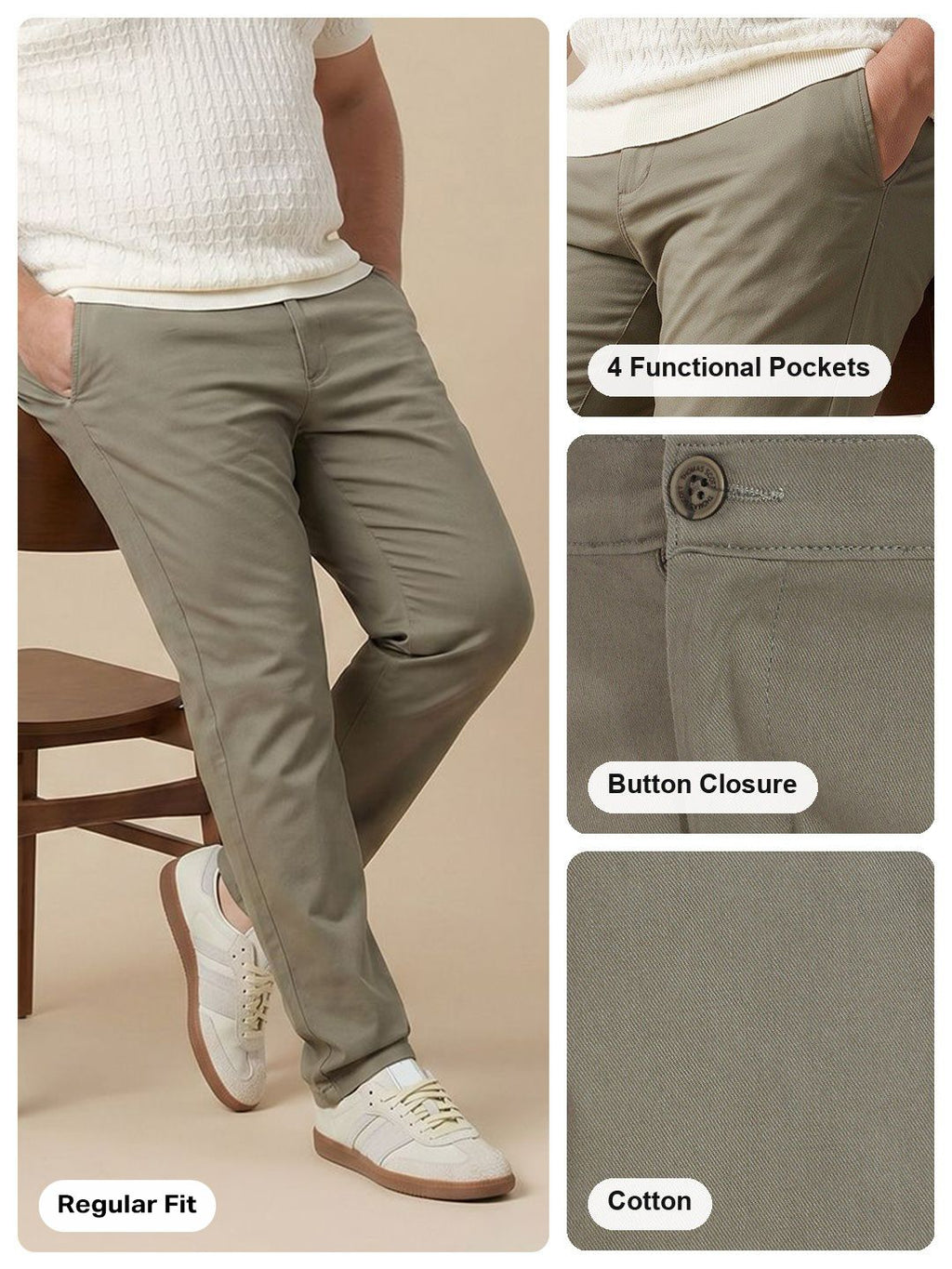 Olive1 Plus Size Regular Fit Mid-Rise Solid Cotton Woven Chinos Trouser For Men