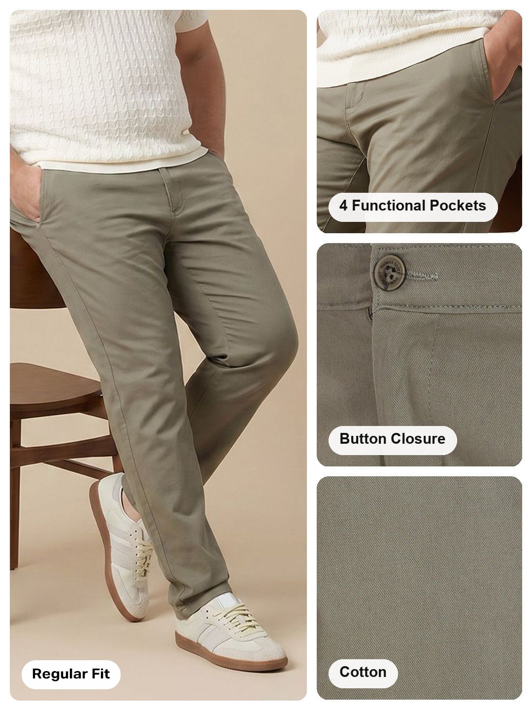 Olive1 Plus Size Regular Fit Mid-Rise Solid Cotton Woven Chinos Trouser For Men