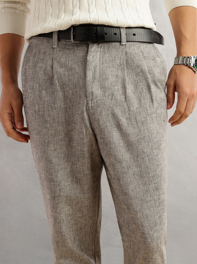 Thomas Scott Men Grey Regular Fit Mid-Rise Solid Linen Pleated Woven Chinos Trouser