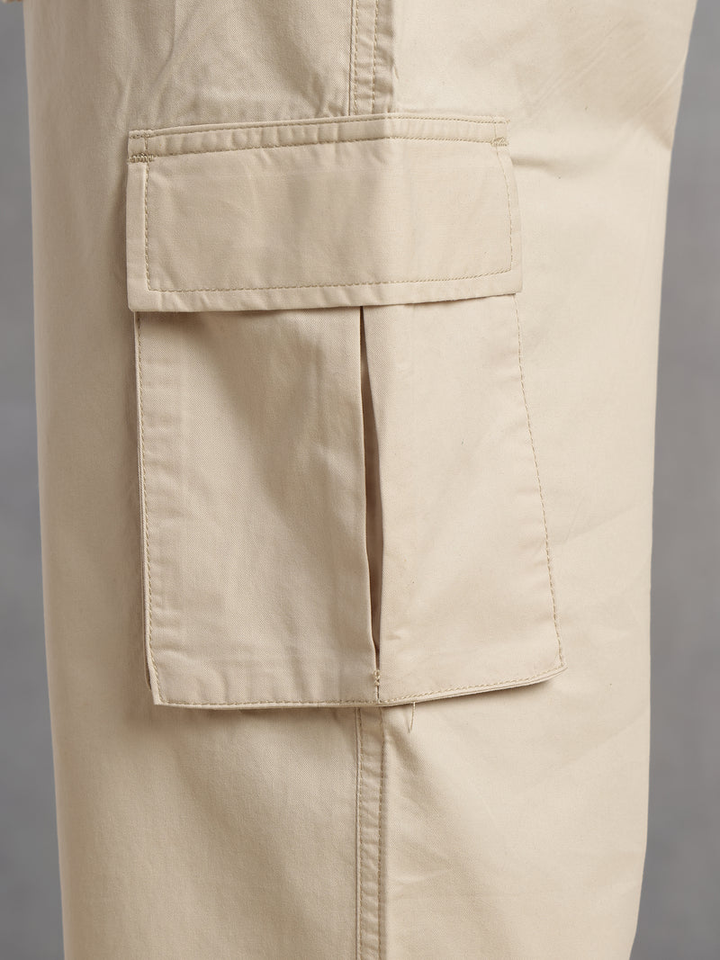 Thomas Scott Men Cream Relaxed Loose Fit 100% Cotton Solid Drawstring Closure Woven Cargo Trouser