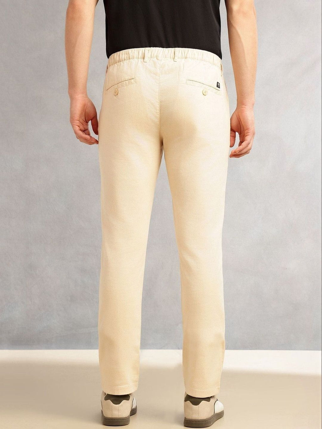 Cream Straight Fit Mid-Rise Solid 4 Pockets Woven Chinos Trouser For Men