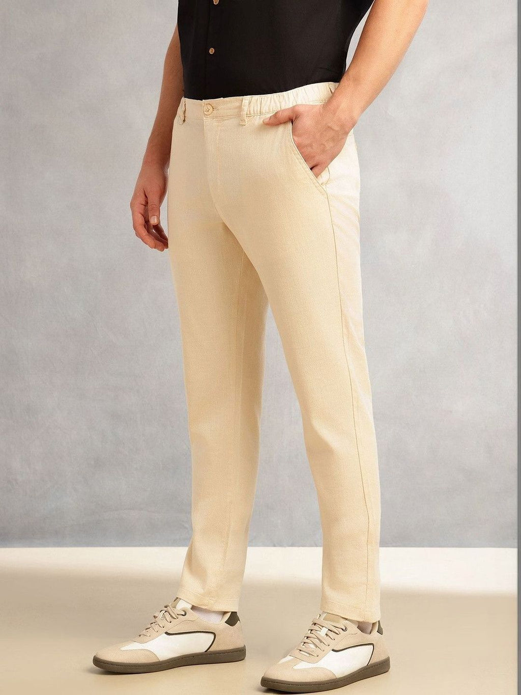 Cream Straight Fit Mid-Rise Solid 4 Pockets Woven Chinos Trouser For Men