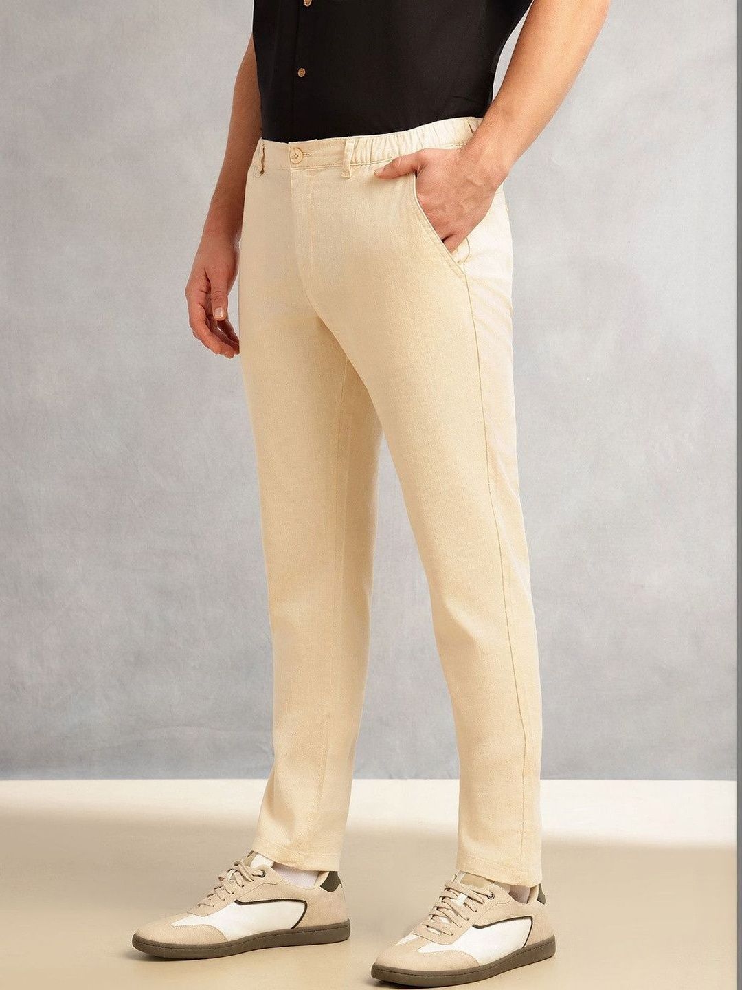 Cream Straight Fit Mid-Rise Solid 4 Pockets Woven Chinos Trouser For Men