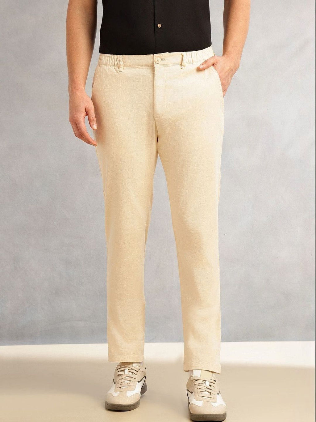 Cream Straight Fit Mid-Rise Solid 4 Pockets Woven Chinos Trouser For Men