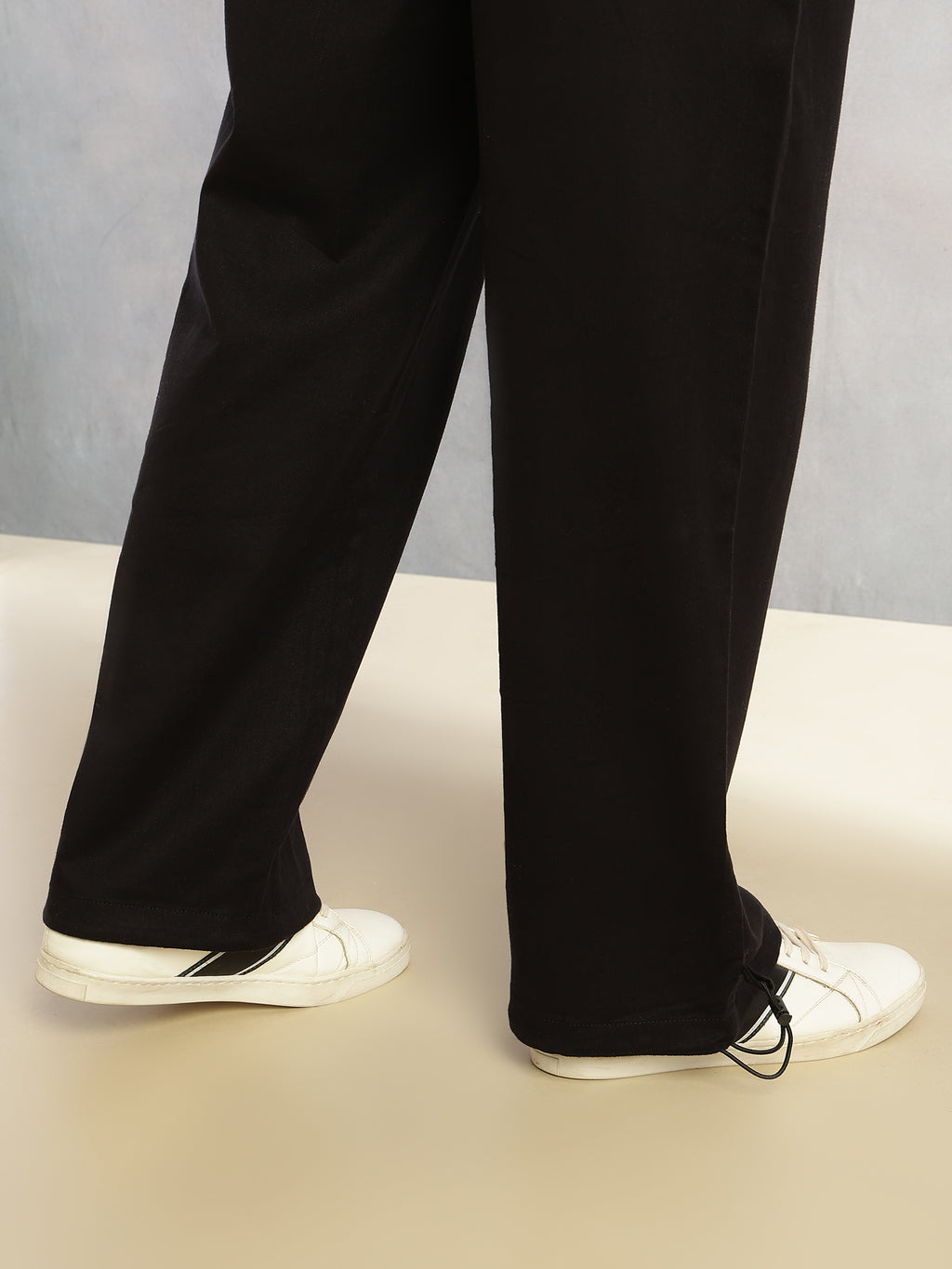 Thomas Scott Men Black Regular Fit Mid-Rise Solid Woven Trousers with Drawstring Closure & Four Pockets