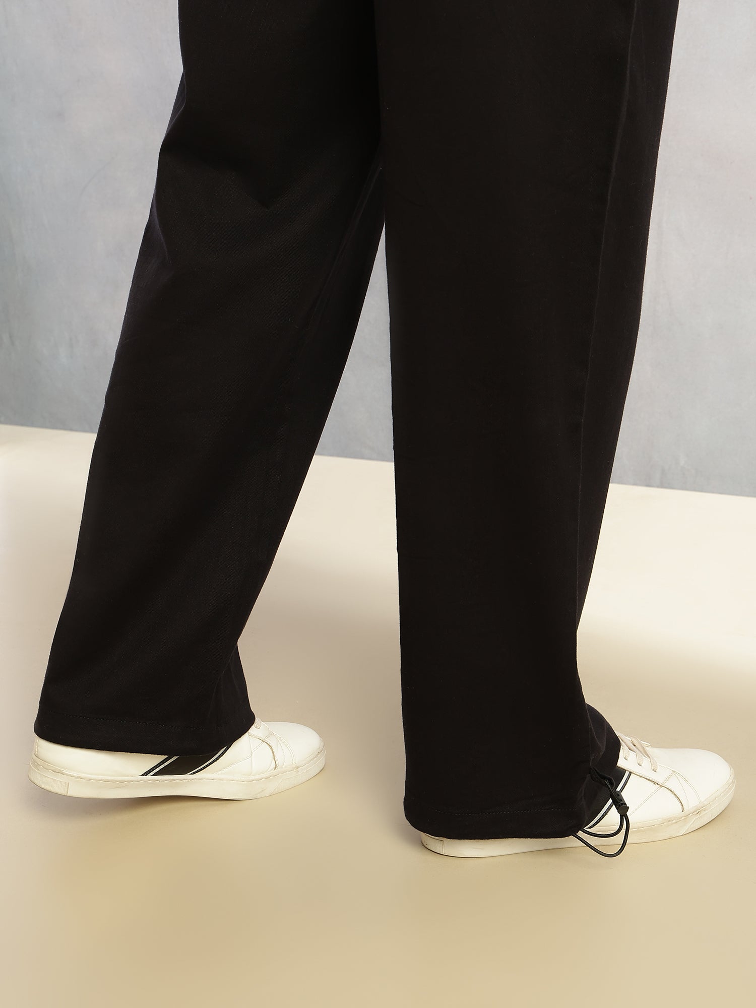 Thomas Scott Men Black Regular Fit Mid-Rise Solid Woven Trousers with Drawstring Closure & Four Pockets