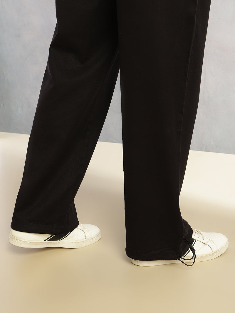 Thomas Scott Men Black Regular Fit Mid-Rise Solid Woven Trousers with Drawstring Closure & Four Pockets