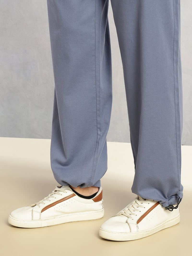 Thomas Scott Men Blue Regular Fit Mid-Rise Solid Woven Trousers with Drawstring Closure & Four Pockets