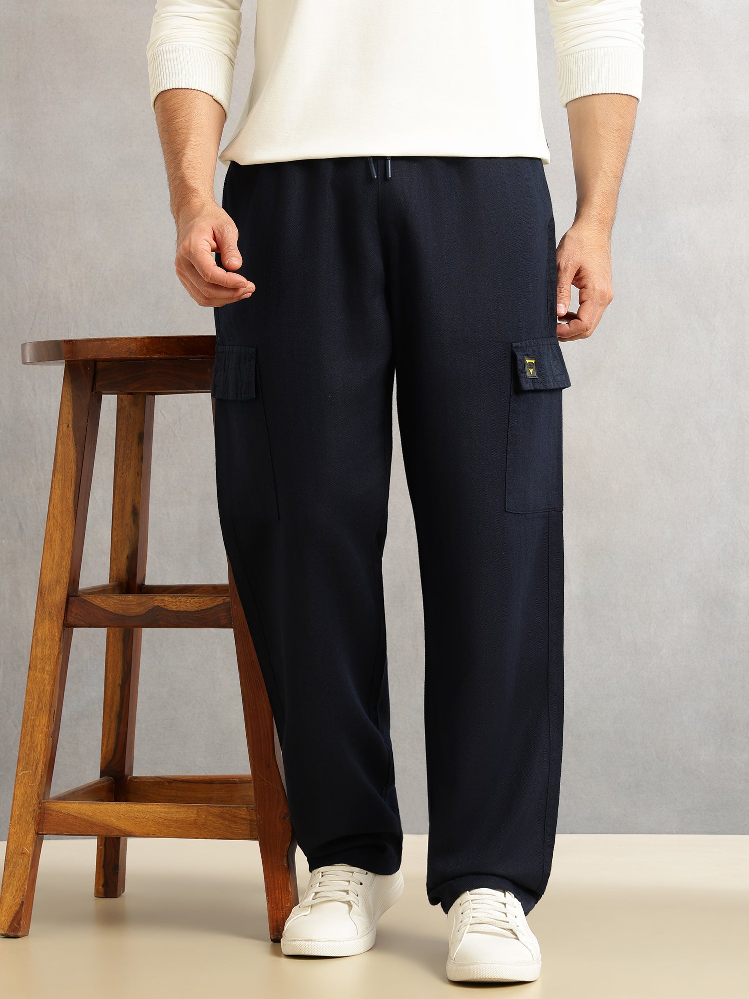 Thomas Scott Men Navy Regular Fit Mid-Rise Linen Cargo Trouser with Drawstring Closure , 5 Pocket Design