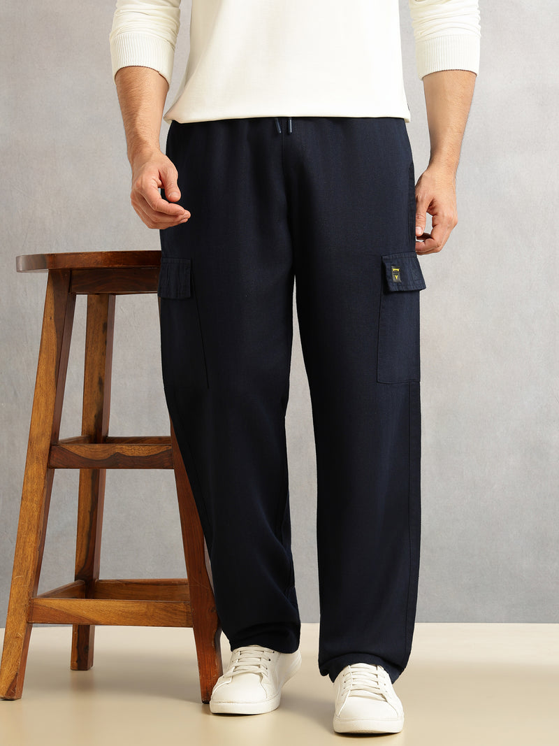 Thomas Scott Men Navy Regular Fit Mid-Rise Linen Cargo Trouser with Drawstring Closure , 5 Pocket Design