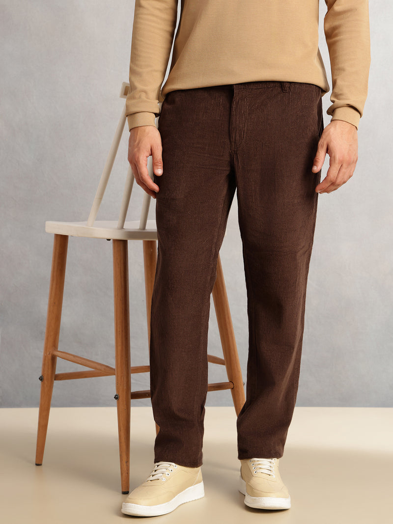 Thomas Scott Men Brown Regular Fit Mid-Rise Textured 4-Pockets Design Corduroy Trouser