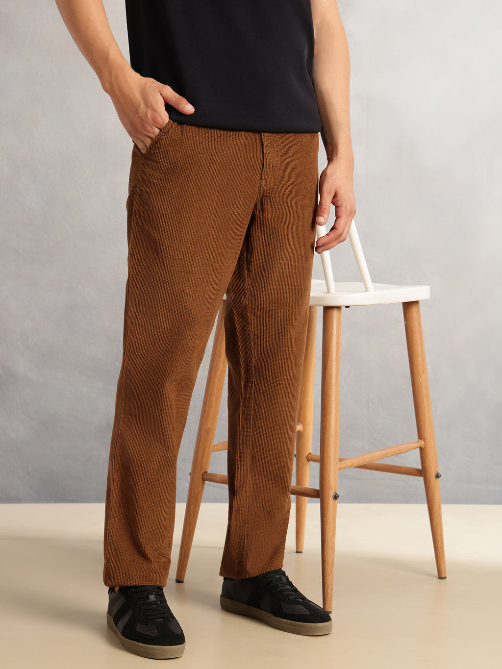 Thomas Scott Men Khaki Regular Fit Mid-Rise Textured 4 Pockets Design Corduroy Trouser