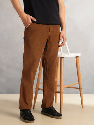Thomas Scott Men Khaki Regular Fit Mid-Rise Textured 4 Pockets Design Corduroy Trouser