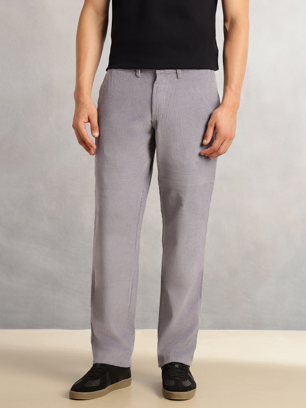 Thomas Scott Men Mid Blue Regular Fit Mid-Rise Textured 4 Pockets Design Corduroy Trouser