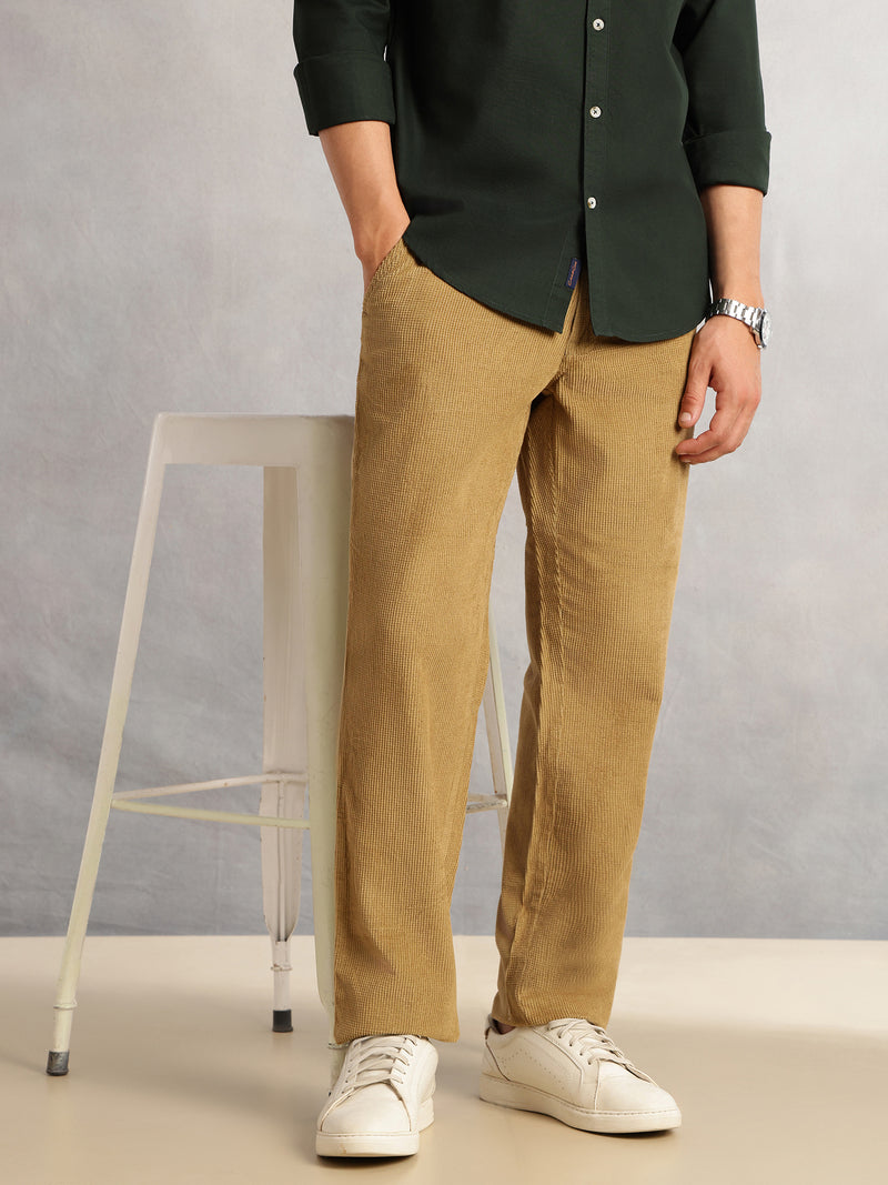 Thomas Scott Men Mustard Regular Fit Mid-Rise Textured 4 Pockets Design Corduroy Trouser