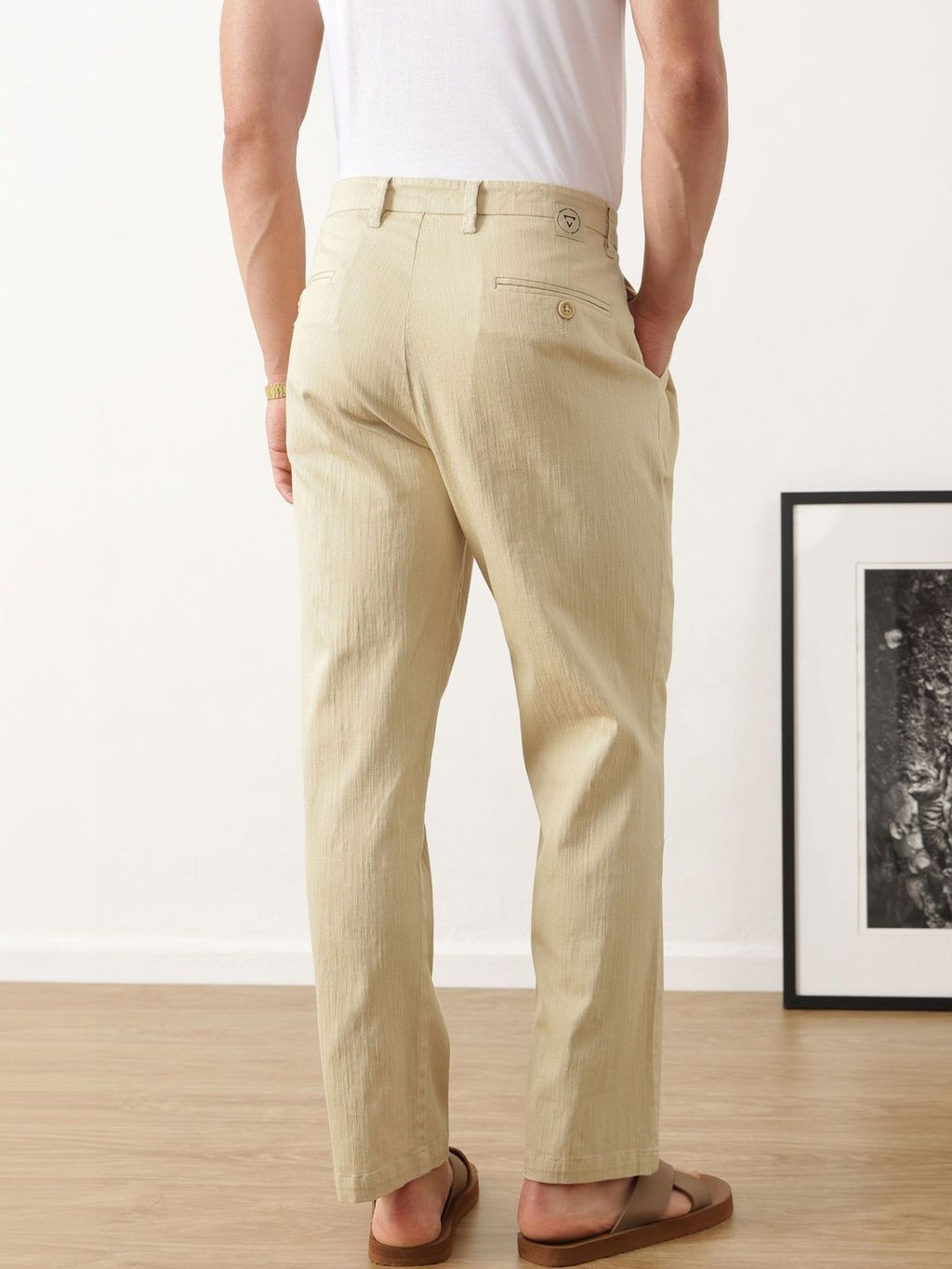 Beige Smart Solid Regular Fit Woven Linen Pleated Trouser For Men