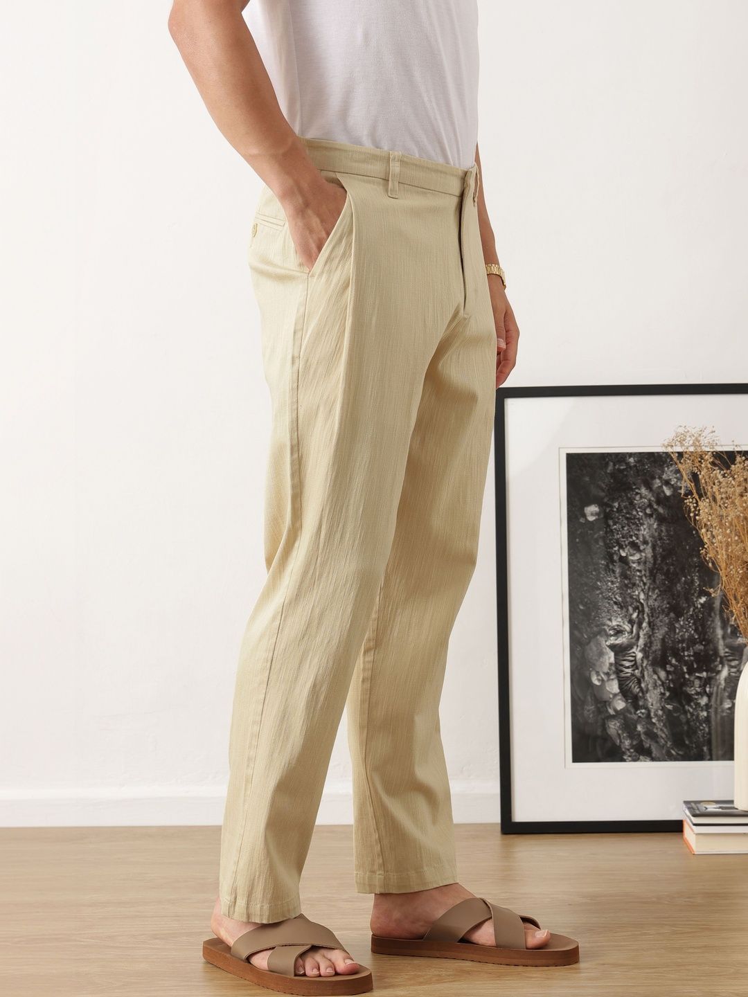 Beige Smart Solid Regular Fit Woven Linen Pleated Trouser For Men