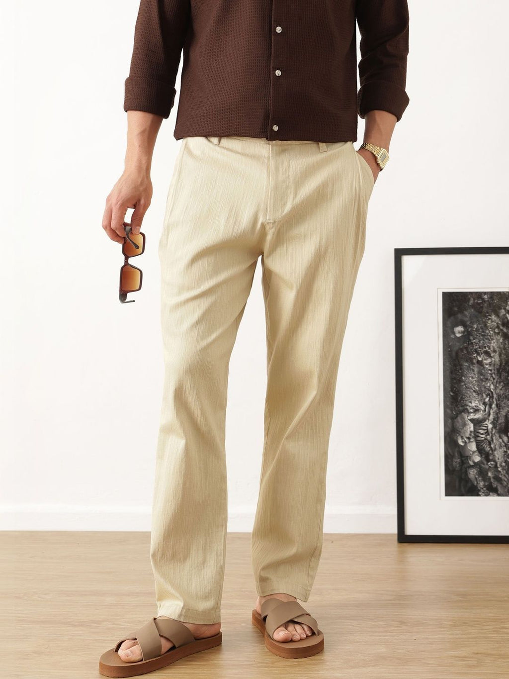Beige Smart Solid Regular Fit Woven Linen Pleated Trouser For Men