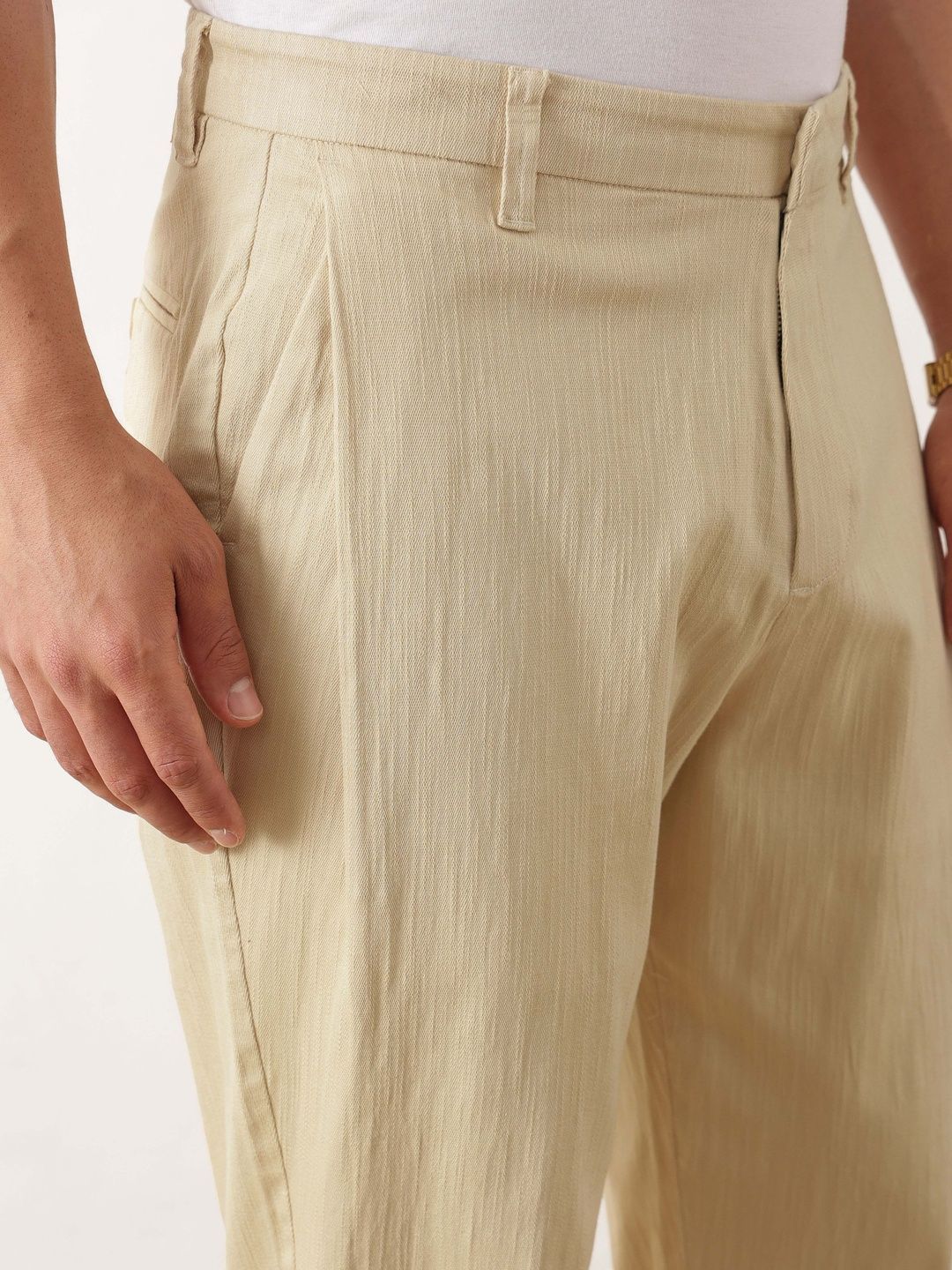 Beige Smart Solid Regular Fit Woven Linen Pleated Trouser For Men