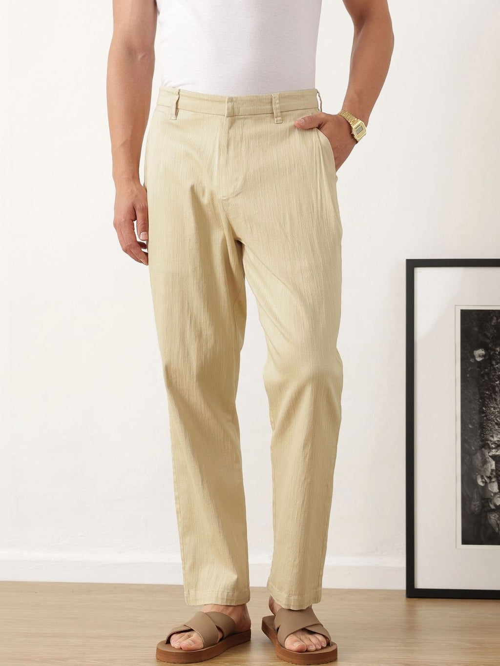 Beige Smart Solid Regular Fit Woven Linen Pleated Trouser For Men