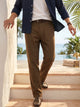 Brown Smart Solid Regular Fit Woven Linen Pleated Trouser For Men