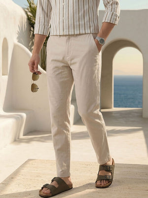 Beige Smart Straight Fit Mid-Rise Solid Woven Linen Trouser For Men