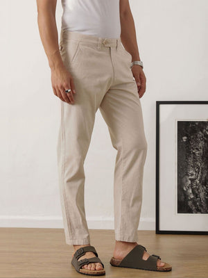 Beige Smart Straight Fit Mid-Rise Solid Woven Linen Trouser For Men