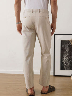 Beige Smart Straight Fit Mid-Rise Solid Woven Linen Trouser For Men