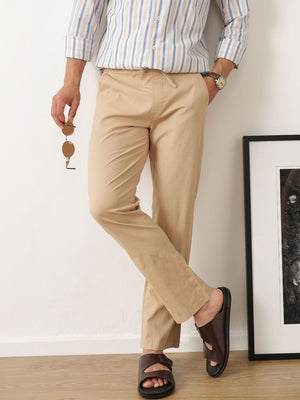 Beige Smart Regular Fit Mid-Rise Solid Woven Cotton Linen Trouser For Men