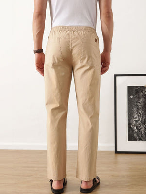Beige Smart Regular Fit Mid-Rise Solid Woven Cotton Linen Trouser For Men