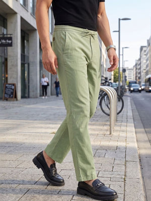 Olive Smart Regular Fit Mid-Rise Solid Woven Cotton Linen Trouser For Men