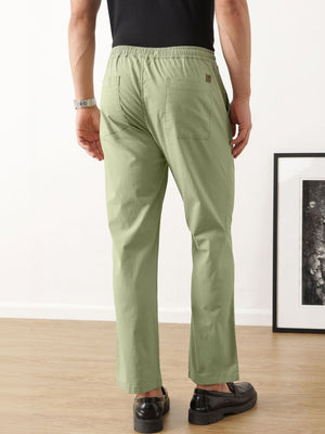 Olive Smart Regular Fit Mid-Rise Solid Woven Cotton Linen Trouser For Men
