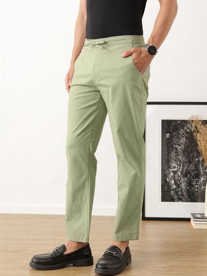Olive Smart Regular Fit Mid-Rise Solid Woven Cotton Linen Trouser For Men