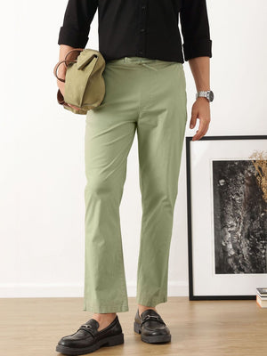 Olive Smart Regular Fit Mid-Rise Solid Woven Cotton Linen Trouser For Men