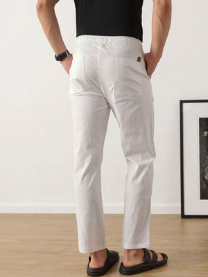White Smart Optical Regular Fit Mid-Rise Solid Woven Cotton Linen Trouser For Men