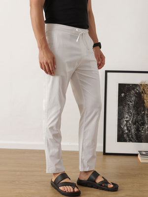 White Smart Optical Regular Fit Mid-Rise Solid Woven Cotton Linen Trouser For Men