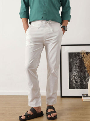 White Smart Optical Regular Fit Mid-Rise Solid Woven Cotton Linen Trouser For Men