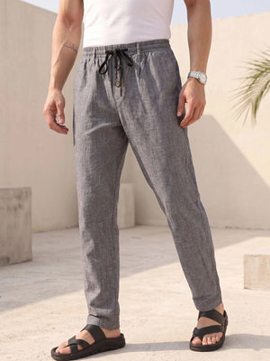 Black Smart Relaxed Fit Mid-Rise Solid Cotton Linen Pleated Casual Trouser For Men