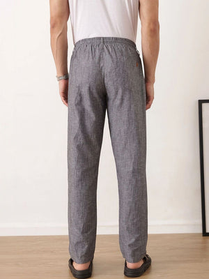 Black Smart Relaxed Fit Mid-Rise Solid Cotton Linen Pleated Casual Trouser For Men