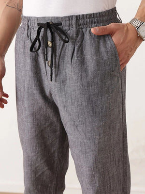 Black Smart Relaxed Fit Mid-Rise Solid Cotton Linen Pleated Casual Trouser For Men